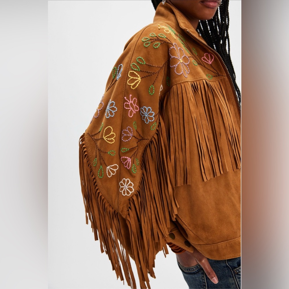 Free People Willa Western Bomber Brown Leather Jacket Fringe Embroidery L XL - Picture 2 of 11